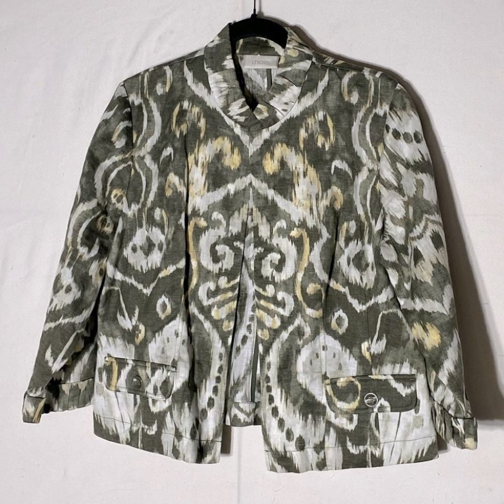 Chico’s Green Yellow Graphic Print Open Front Light Jacket XL Coastal Grandma